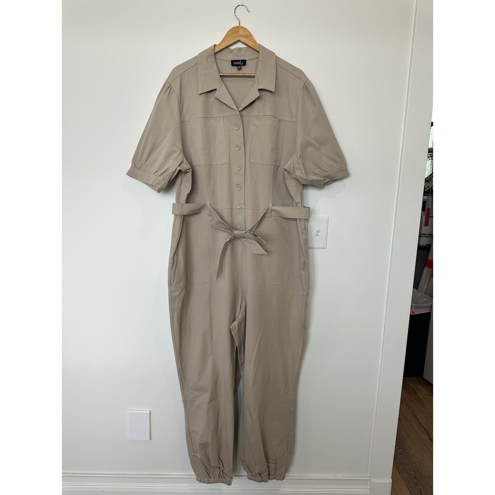 Mod X Womens 2X Sand Tan Cargo Belted Button Up Stretchy Jumpsuit